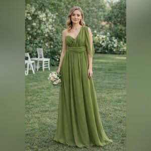 Coren Moore Olive Silk One Shoulder Bridesmaid Formal Maxi Dress Pockets 8